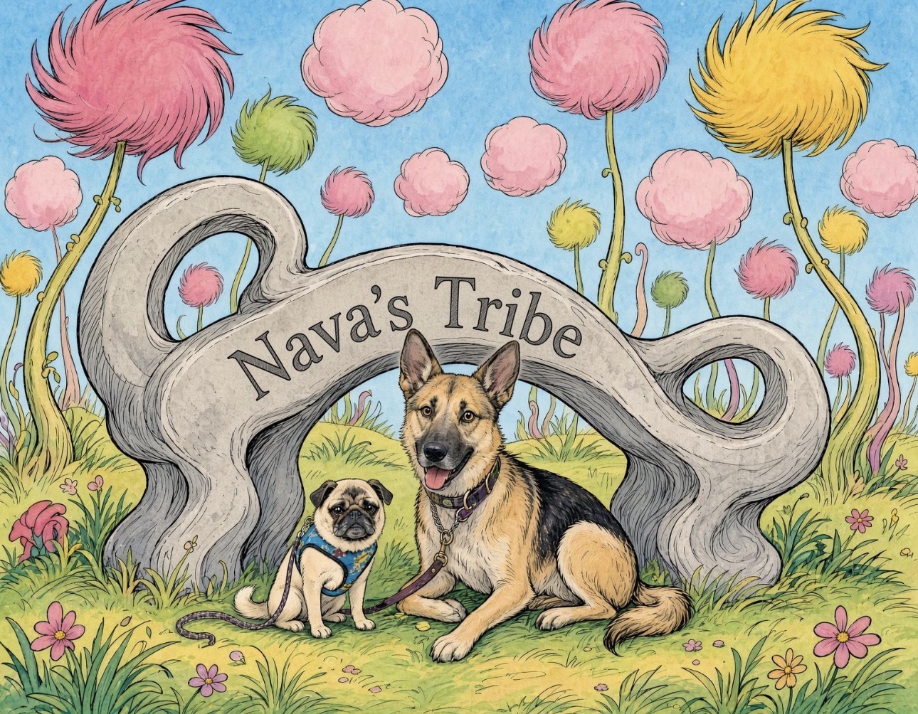 Nava’s Tribe illustration with a German shepherd and pug beneath colorful trees